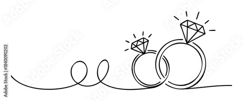 Two wedding rings with diamonds, connected by a flowing line symbolizing commitment and love, perfect for wedding invitations or engagement announcements