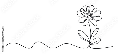 Elegant continuous line drawing of a single daisy with leaves and a wavy stem, perfect for representing nature, growth, and simple organic forms in various applications.