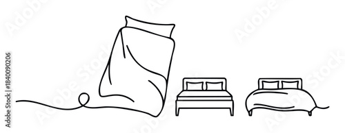 Minimalist line drawing featuring a blanket and two bed outlines, representing rest and comfort for hotel or home decor concepts.
