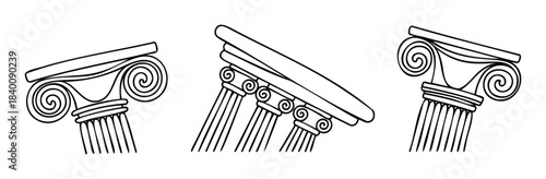 Classic architectural ionic columns with ornate scrolls, symbolizing strength and history, perfect for historical projects and architectural presentations.