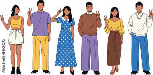 Vector illustration set of diverse men and women giving the peace or victory sign, representing unity, friendship, diversity, and positive social communication