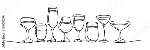 Collection of varied glassware drawn with single continuous black line on white, perfect for hospitality or beverage themes.