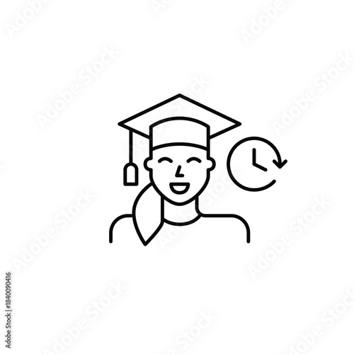 Female graduate and clock. Study schedule, course deadline. Pixel perfect, editable stroke vector icon