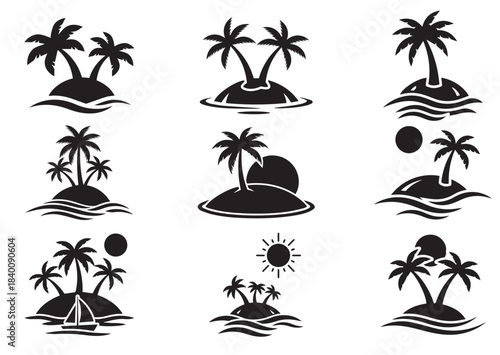 Set of Tropical island icon, Tropical island Black silhouette vector