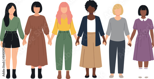 Diverse group of six vector women from various ethnicities holding hands, representing unity, empowerment, friendship, sisterhood, and female community