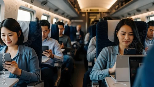 Passengers are enjoying their train ride while using phones and tablets in the afternoon