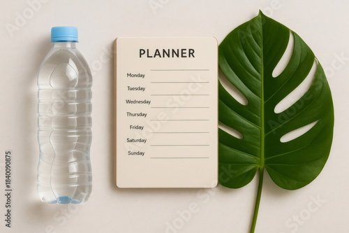 Flat lay showing a planner, water bottle, and green monstera leaf on a white background, representing wellness and health goals