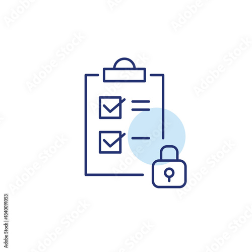Checklist on clipboard and lock. Restricted task access. Pixel perfect, editable stroke vector icon