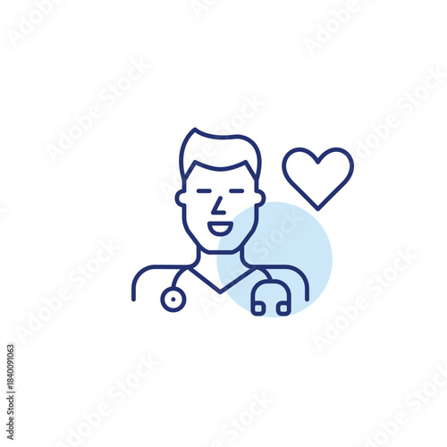 Male doctor with stethoscope and heart. Medical excellence, trusted healthcare. Pixel perfect, editable stroke vector icon