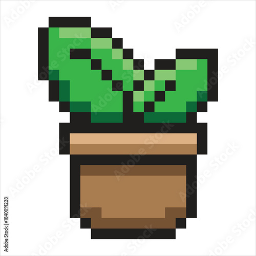 Pixel art green cactus in a brown pot, retro 8-bit game element Vector
