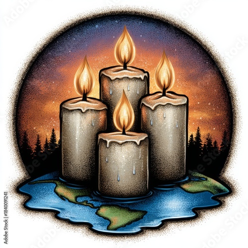 burning candles on earth, sunset background clip art preview