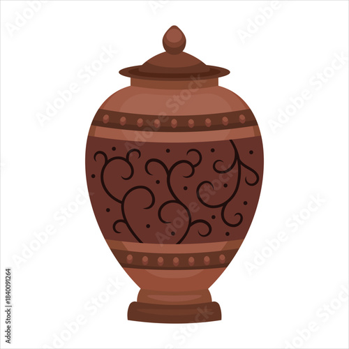 Traditional patterned ceramic jar with lid, brown ornamental pot Vector