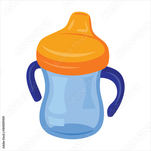 Baby sippy cup illustration with orange top and blue handles Vector