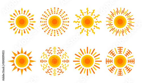 Sunburst Vector Icon Collection. Modern Solar Symbols with Radiant Rays, Geometric Patterns, and Abstract Line Designs