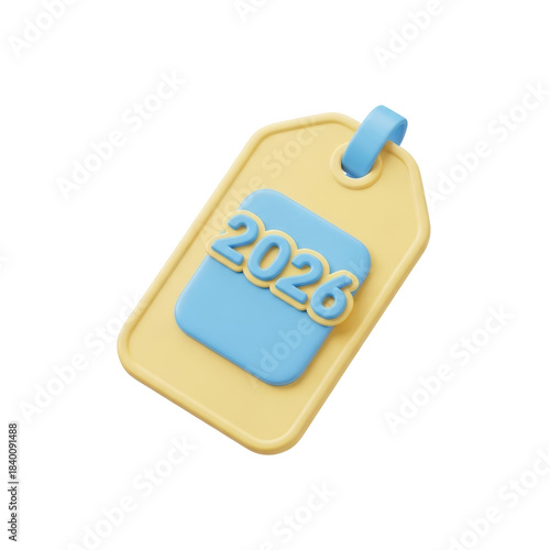 Stylish 3D illustration of a yellow price tag displaying the year 2026, perfect for conveying future business strategies, annual promotions, and new economic prospects