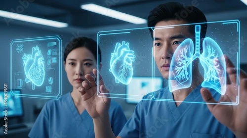 Health workers study three-dimensional images of heart and lungs in a medical lab