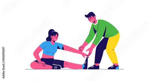 Woman Stretching Assisted By A Trainer: Fitness And Wellness Illustration