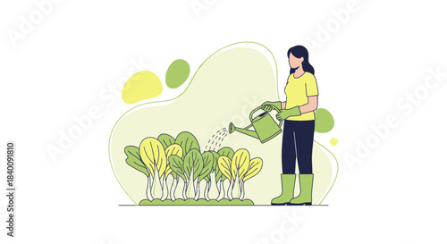 Woman Watering Plants In Her Garden With Water Can Simple Illustration