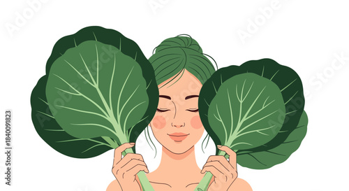 Woman With Fresh Greens: A Peaceful Depiction of Natural Connection and Wellness