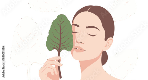 Woman With Closed Eyes and Leaf Symbolizing Freshness and Nature's Embrace