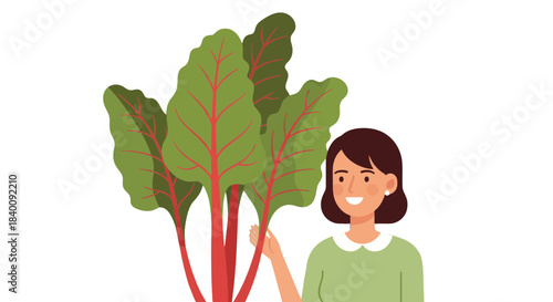 Woman Holding Vibrant Chard Plant Against A Deep Black Backdrop Illustration