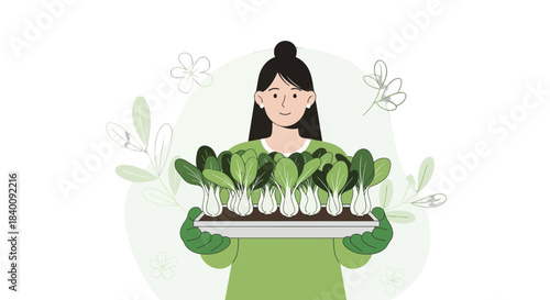 Woman Holding Tray Of Fresh Bok Choy Illustration Against A Black Background