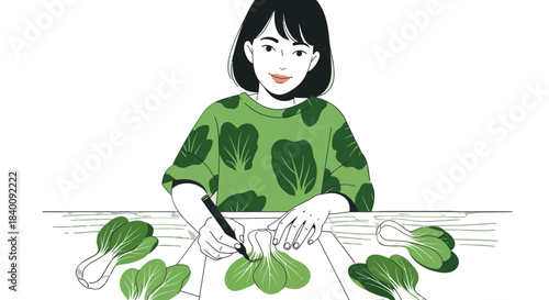 Woman Illustrating Bok Choy, Greenery, Nature, and Botanical Elements on White Paper