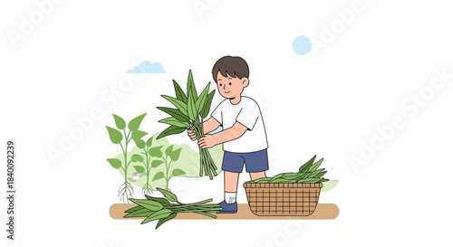 Young Boy Harvesting Fresh Green Vegetable Leaves in Garden for a Meal Preparation Scene