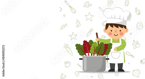 Young Chef Prepares Ingredients for a Wholesome Vegetable Dish in Whimsical Illustration