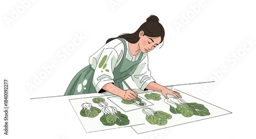 Woman Illustrating Vegetable Designs with Artistic Skills Depicted on Paper Illustration
