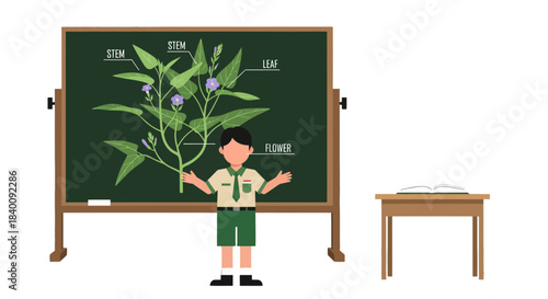 Young Educator Teaching Plant Anatomy with an Illustrated Diagram on a Blackboard