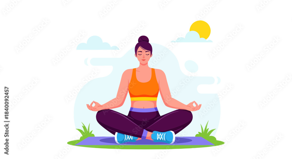 custom made wallpaper toronto digitalWoman Meditating Outdoors on A Mat With Sun And Clouds in Vector Illustration