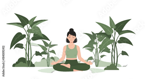 Woman Meditating Amidst Lush Foliage Reaching Inner Tranquility And Peace