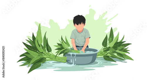 Young Person Washing Greens in a Basin Surrounded By Lush Vibrant Greenery