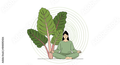 Woman Meditating Beside Plants Surrounded By Abstract Energy Lines
