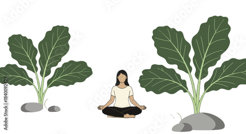 Woman Meditating Between Plants Underneath a Dark Sky for Tranquility and Relaxation
