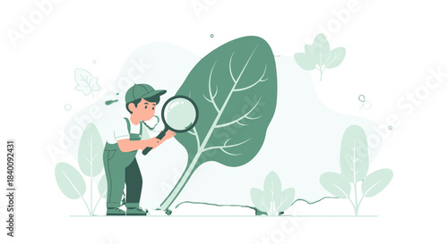 Young Scientist Analyzing Plants Under Magnifying Glass In Monochrome Background