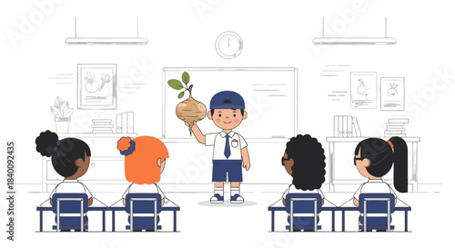 Young Student Educating Class On Root Vegetables And The Value Of Agriculture