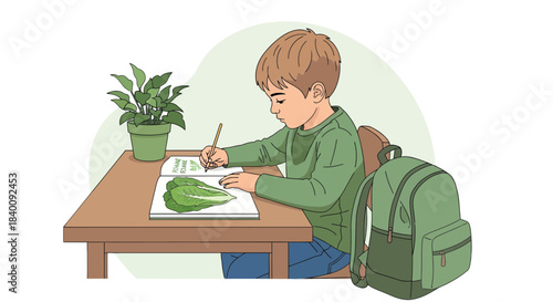 Young Student Sketching Vegetables In A Notebook At His Desk With A Backpack