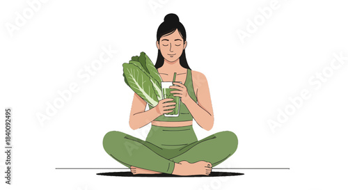 Woman Meditating While Holding Greens And Smoothie In A Peaceful Pose