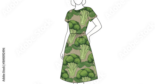 Woman Modeled In A Broccoli Patterned Dress Standing On Empty Black Background