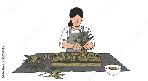 Woman Neatly Bundling Leaves for Culinary Use with Food Ingredient Beside