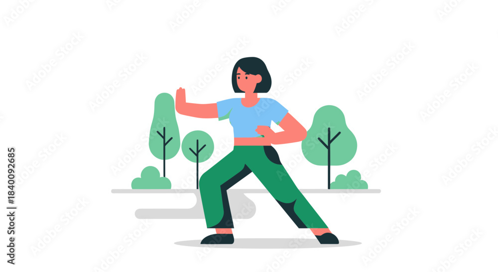 Fototapeta premium Woman Practicing Tai Chi Outdoors in a Park with Simple Artistic Vector Style