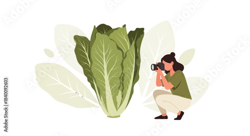 Woman Photographer Taking Vegetable Photos Against a Black Background of Artistic Design
