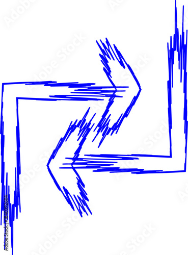 An abstract blue graphic design featuring jagged, intertwined shapes resembling stylized arrows or a dynamic pinwheel on a clean white background.