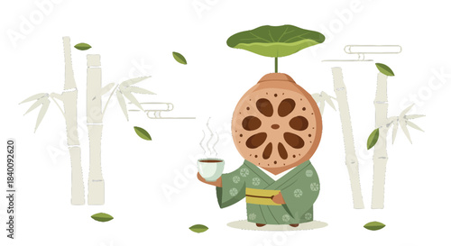 Zen-Inspired Illustration Depicting a Lotus Root Character Amidst Bamboo And Tea Ceremony