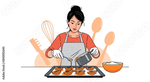 Woman Pouring Sauce Onto Baked Goods, Baking, Culinary Arts, Dessert Creation Illustrated