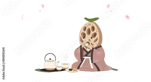 Zen-Inspired Lotus Root Character Enjoying Tea Ceremony Tranquility Against Blackness
