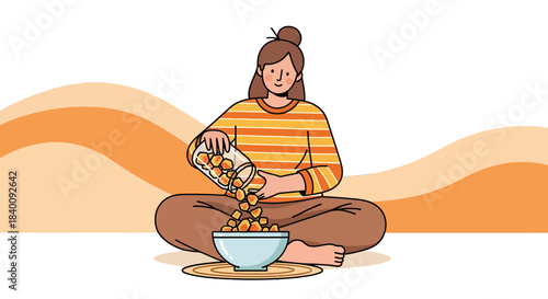 Woman Pouring Food Into a Bowl, Preparing Dish, Illustrated Design, Dark Background