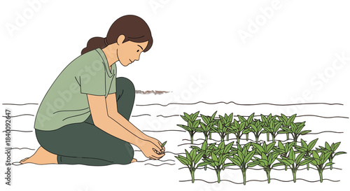 Woman Planting Young Plants in the Dark Ground, Cultivating a New Garden